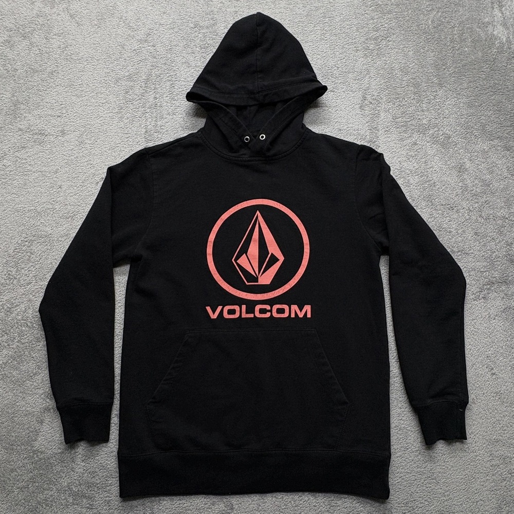 Volcom Hoodie Mens Small Black Red Stone Logo Pullover Sweatshirt Skate Surf